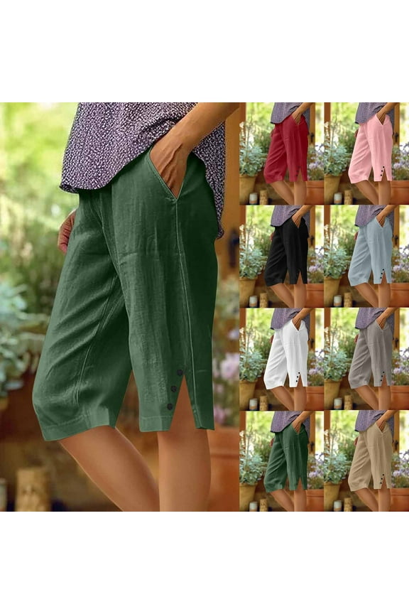 Bermuda Shorts for Women Side Slit Button Linen Shorts High Waist Casual Knee Length Shorts Solid Color Vintage Beach Vacation Shorts with Pockets army green L