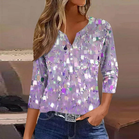 Feancey Big Deal Days 3/4 Sleeve Henley Tops for Women 2025 Trendy Sequin Print Loose Tunics Spring Dressy Casual Button Up V Neck Blouses Pullover Top Purple S
