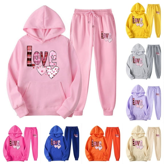 Feancey Big Deal Days Womens Hooded Sweat Suit 2025 Trendy Valentines Day 2 Piece Sets Teen Girls Casual Love Printed Hoodies and Jogger Pants Two Piece Tracksuit Set Orange S
