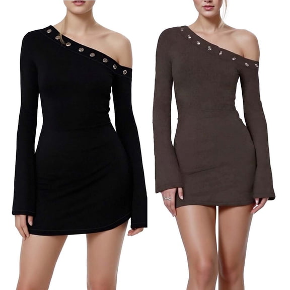 Feancey Bodycon Mini Dresses for Women One Shoulder Flare Sleeve Cocktail Party Dress Dressy Trendy Slim Fit Evening Gown Dresses Brown M