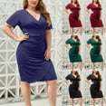 thumbnail image 1 of Feancey Bodycon Plus Size Dresses for Women Ruched High Waist Midi Party Dress Wrap V Short Sleeve Wedding Guest Dresses Elegant Formal Dress Gifts for Mom Green 4XL, 1 of 8