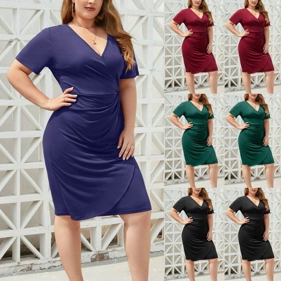 Feancey Bodycon Plus Size Dresses for Women Ruched High Waist Midi Party Dress Wrap V Short Sleeve Wedding Guest Dresses Elegant Formal Dress Holiday Sales Today Wine XL