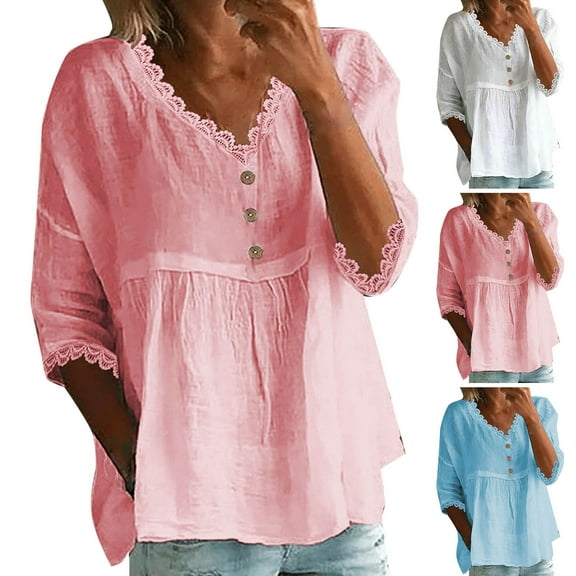 Feancey Boho 3/4 Sleeve Tops for Women Plus Size Casual Lace V Neck Button up Blouse Summer Vintage Beach Shirt Flowy Loose Vacation Tshirt Blue L