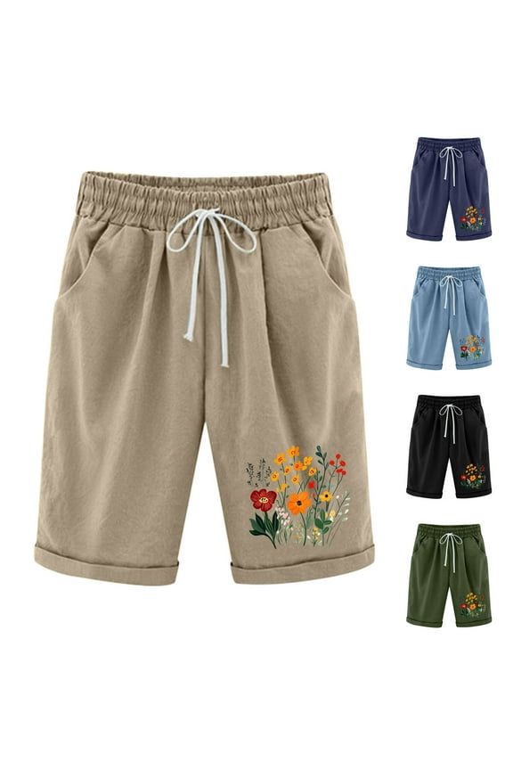 Boho Bermuda Shorts for Women Drawstring High Waist Knee Length Shorts Summer Casual Floral Printed Beach Shorts with Pockets Light Blue M
