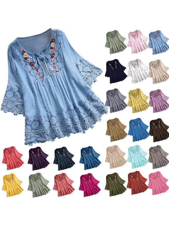 Boho Blouses for Women Lace up Casual Linen Tunic Tops Summer 3/4 Sleeve Embroidered Shirts Summer Lightweight Peasant Blouse Hot Pink XXL