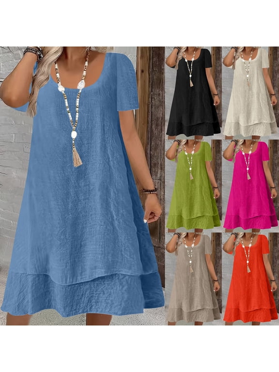 Boho Dress for Women Summer Plus Size Mini Dresses Loose Fit Short Sleeve Casual Tiered Dress Flowy Swing Beach Vacation Dresses Hot Pink 4XL