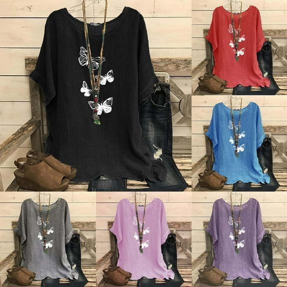 Feancey Boho Linen Blouse for Women Dressy Casual Butterfly Print Loose T-Shirts Summer Short Sleeve Round Neck Tops Vintage Beach Vacation Tshirt Limited Time Sales Gray M