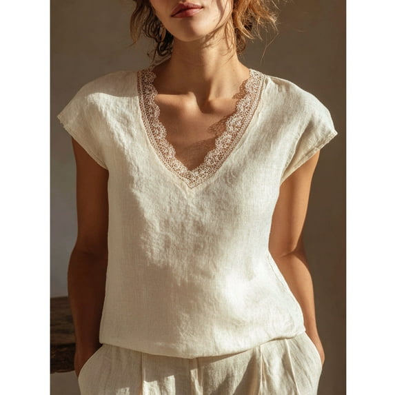 Feancey Boho Linen Tops for Women Lace V Neck Cap Sleeve Blouse Solid Casual Beach Vacation Tshirts Dressy Trendy Going Out Cute Tees White L