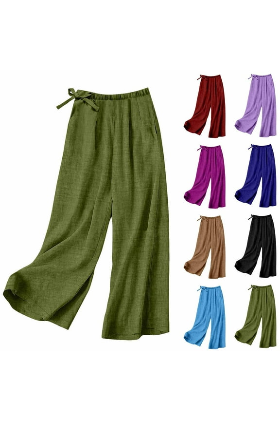 Boho Palazzo Pants for Women Linen Casual Elastic Waisted Pant Trendy Loose Fit Wide Leg Pants Solid Color Lounge Trousers with Pockets Army Green S