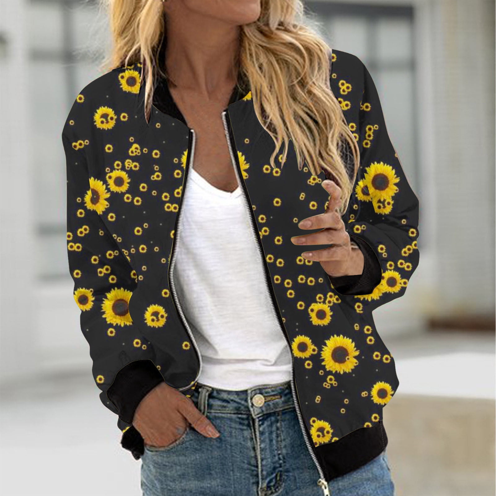 Feancey Bomber Jacket Women 2023,Womens Sunflower Print 
