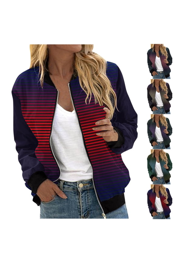 Bomber Jacket for Women Casual Ribbed Cuffs Zipper Jackets Fashion Striped Lightweight Jacket Outdoor Windproof Thin Coat Wine L