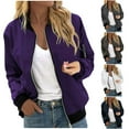 thumbnail image 1 of Feancey Bomber Jackets for Women Solid Color Zip Up Flight Varsity Jacket Casual Lightweight Elastic Rib Long Sleeve Jacket Coat with Pockets Today's Clearance Sale,White,XXL, 1 of 7