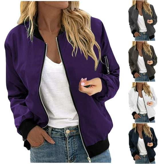 Feancey Bomber Jackets for Women Solid Color Zip Up Flight Varsity Jacket Casual Lightweight Elastic Rib Long Sleeve Jacket Coat with Pockets Today's Clearance Sale,White,XXL