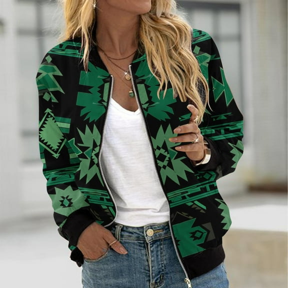 Feancey Bomber Jackets for Women Vintage Ethnic Print Lightweight Jacket Zip up Long Sleeve Collarless Flight Jackets Outdoor Windbreaker with Pockets Army Green XL