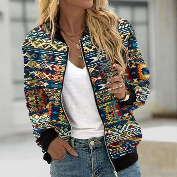 Feancey Bomber Jackets for Women Vintage Ethnic Print Lightweight Jacket Zip up Long Sleeve Collarless Flight Jackets Outdoor Windbreaker with Pockets Multicolor XXL