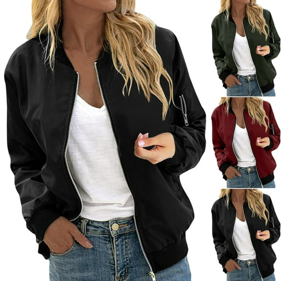 Feancey Bomber Jackets for Women Lightweight Long Sleeve Zip up Jacket Fall Casual Windproof Varsity Jackets with Pockets Black M