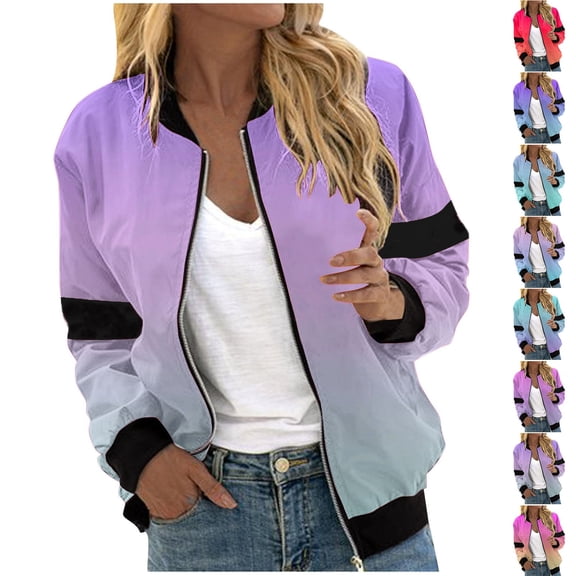 Feancey Bomber Jackets for Women Lightweight Zip up Windbreaker Jacket Dressy Trendy Gradient Printed Flight Jackets Thin Coat with Pockets Purple L