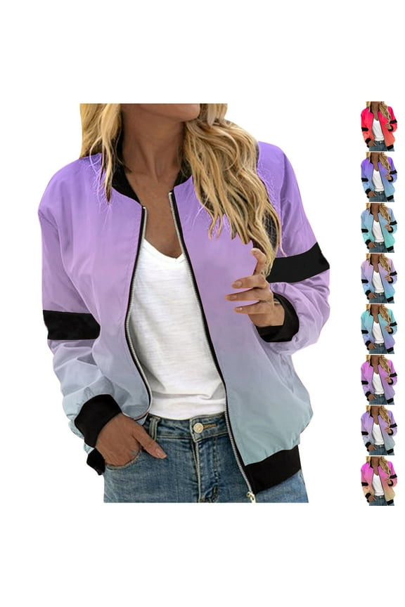 Bomber Jackets for Women Lightweight Zip up Windbreaker Jacket Dressy Trendy Gradient Printed Flight Jackets Thin Coat with Pockets Purple L