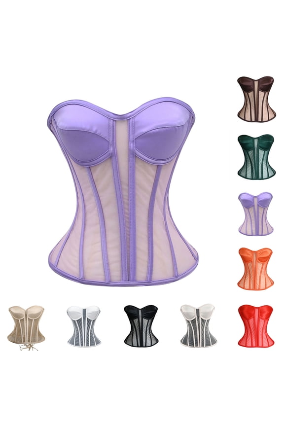Boned Corset Tops for Women Mesh Overbust Corsets Strapless Lace Up Bustier Top Built In Bra Waist Cincher Halloween Costumes Silver XS