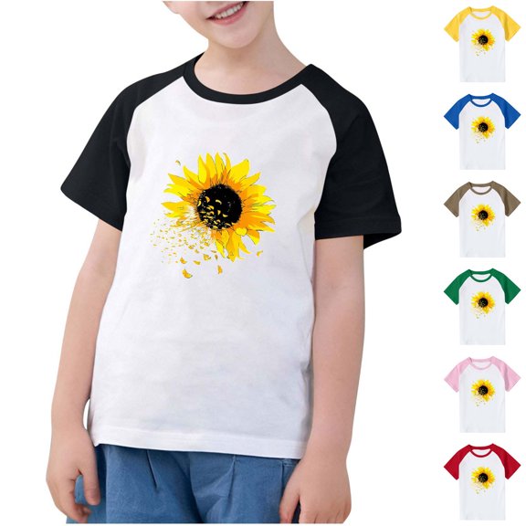 Feancey Boys Summer Graphic Tshirts Casual Sunflower Printed Crewneck Tops Raglan Short Sleeve Loose T-Shirts for Kids Girls Baby Yellow 5 Years