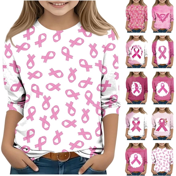 Feancey Breast Cancer Awareness Tshirts for Girls 3/4 Sleeve Casual Pink Ribbon Tops Dressy Casual Crewneck Graphic Tees Pink-2 9-10 Years