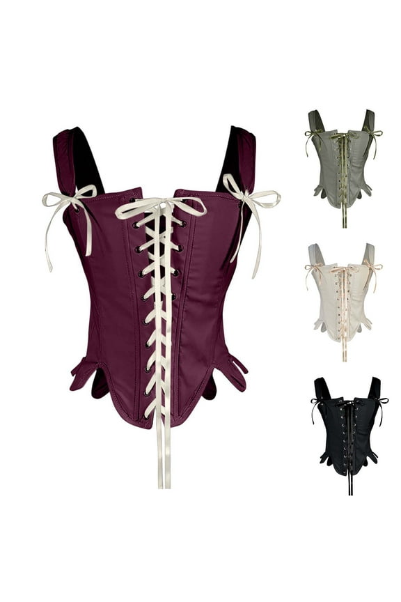 Bustier Tops for Women Vintage Lace Up Body Shaper Overbust Boned Bustiers Tie Front Halloween Party Waist Cincher Shapewear Tops Khaki XXL