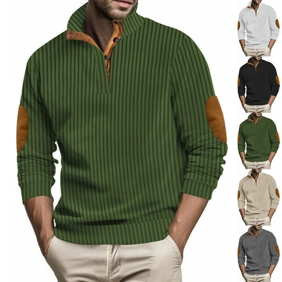 Feancey Button Collar Sweatshirts for Men Knitted Print Casual Pullovers Fall Winter Long Sleeve Vintage Sweatshirt with Elbow Patches Dark Gray XXL