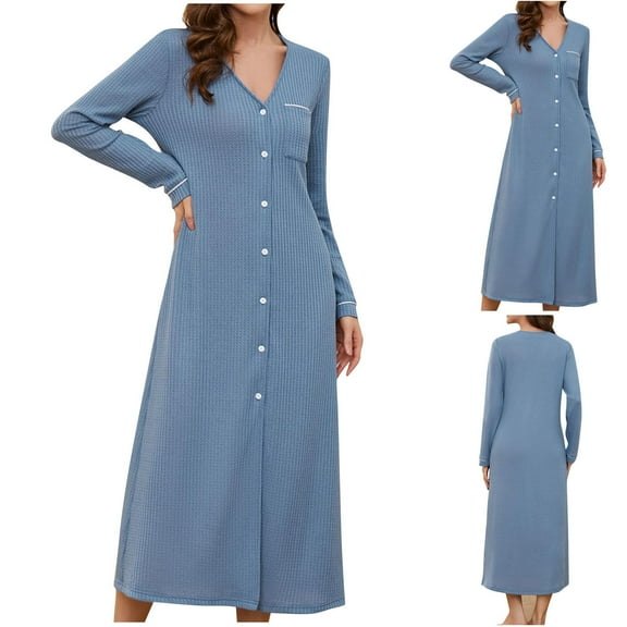 Feancey Button Nightgowns for Women Long Sleeve Waffle Knit Lounge Sleepwear Solid Color V Neck Night Dress Cozy Soft Sleepshirts with Pocket Daily Sales Blue M