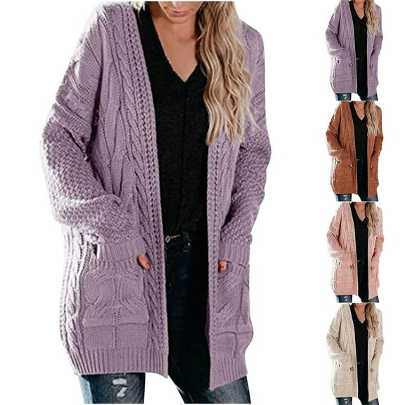 Feancey Cable Knit Cardigans Women Winter Long Loose Sweater Coats Long Sleeve Casual Knitted Cardigan Cozy Soft Outwear with Pockets Purple L