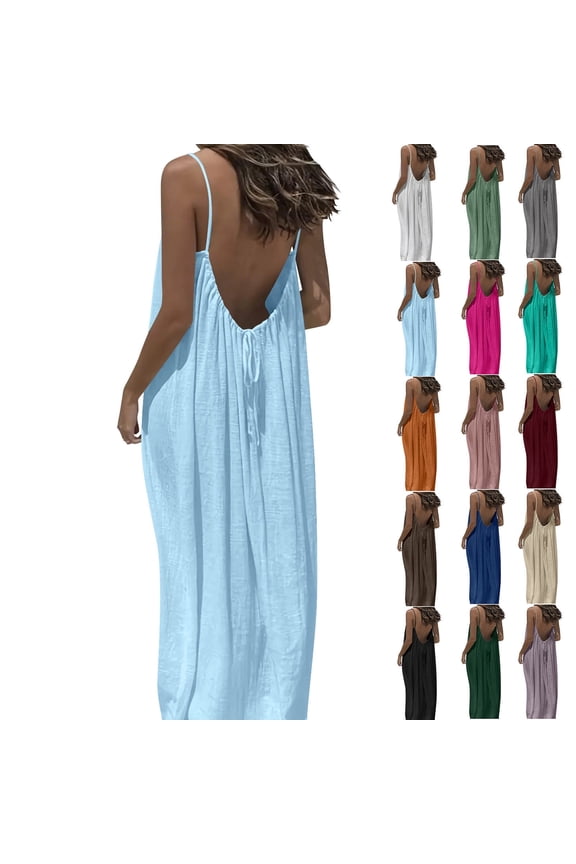 Cami Dress for Women Summer Linen Backless Maxi Dresses Spaghetti Strap Sleeveless Beach Sundress Baggy Casual House Dress White M
