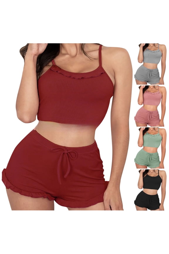 Cami Pajama Sets for Women 2 Piece Ribbed Knit Camisole Shorts Pjs Set Solid Casual Soft Home Wear Sleepwear Two Piece Black XXL