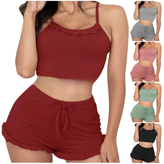 Feancey Cami Pajama Sets for Women 2 Piece Ribbed Knit Camisole Shorts Pjs Set Solid Casual Soft Home Wear Sleepwear Two Piece Black XXXL