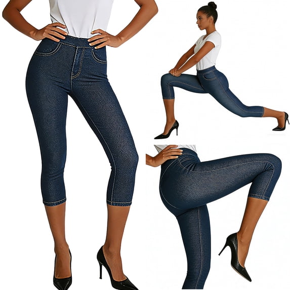 Feancey Capri Jeans for Women Stretch Faux Denim Yoga Capris Below Knee Length Workout Jeggings Business Casual Cropped Leggings with Pockets Dark Blue XL