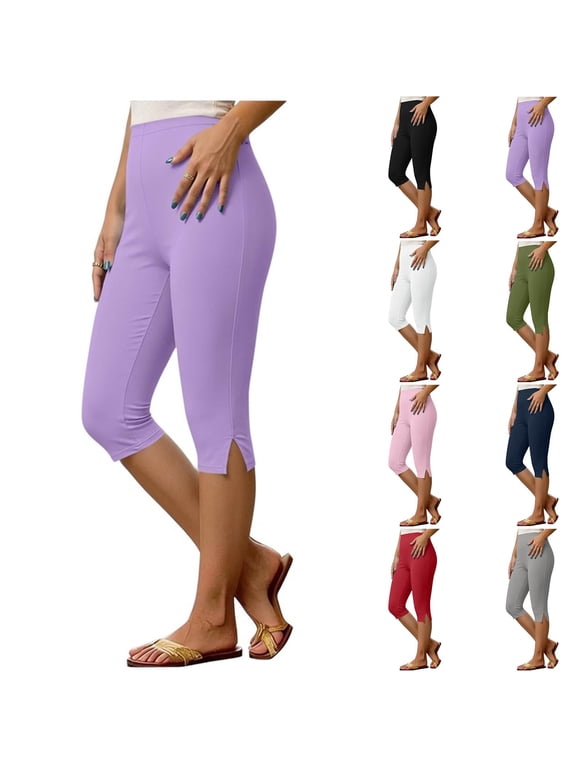 Capri Leggings Women Solid Color Side Split Yoga Capris Skinny Casual Cropped Workout Pants Summer Lightweight Stretchy 7/8 Bottoms Green S