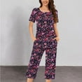 thumbnail image 1 of Feancey Capri Pajamas for Women Set with Pockets Floral Print Casual Pjs Sets Button Up Pleated Short Sleeve Top Cotton Soft Sleepwear Two Piece Holiday Clearance, 1 of 6