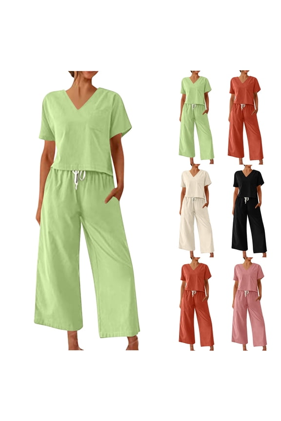 Capri Pant Sets for Women Cotton Linen Lounge 2 Piece Outfits Summer Short Sleeve V Neck Tops and Capris Matching Two Piece Set Beige XXL