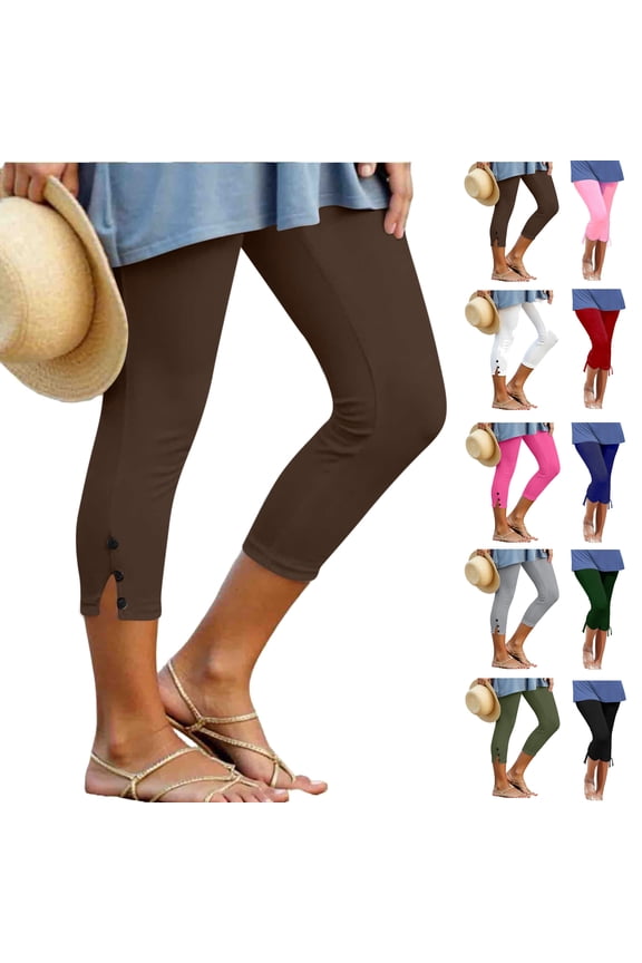 Capri Pants for Women Summer Stretch Workout Leggings Trendy Side Split Athletic Yoga Cropped Pants Lightweight Casual Pull On Capris Brown M