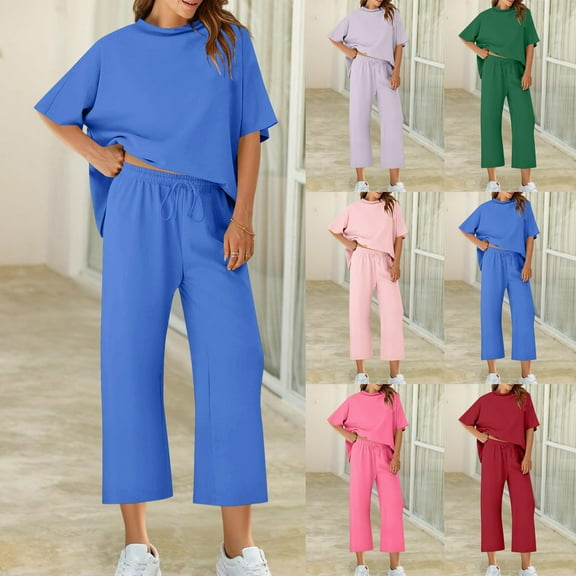 Feancey Capri Sets for Women 2 Piece Short Sleeve Tops and Wide Leg Cropped Pants Lounge Set Solid Color Loose Sweatsuit Two Piece Pink L