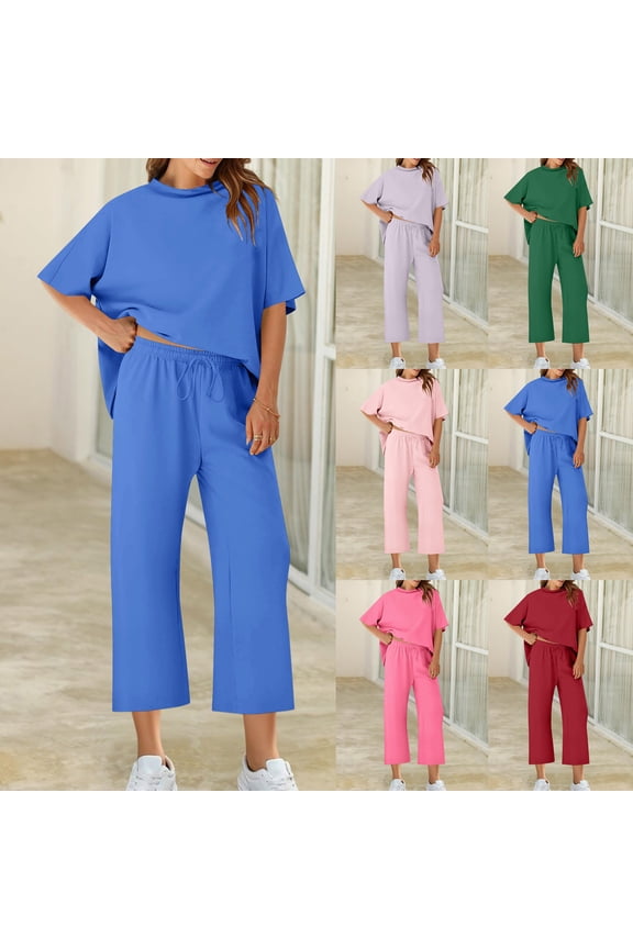 Capri Sets for Women 2 Piece Short Sleeve Tops and Wide Leg Cropped Pants Lounge Set Solid Color Loose Sweatsuit Two Piece Watermelon Red L