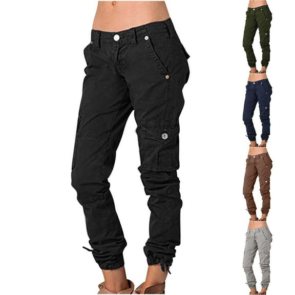 Feancey Cargo Pants for Women Mid Rise Casual Work Trousers Tapered Leg Jogger Pants Solid Color Vintage Streetwear Pant with Multi Pockets Black S
