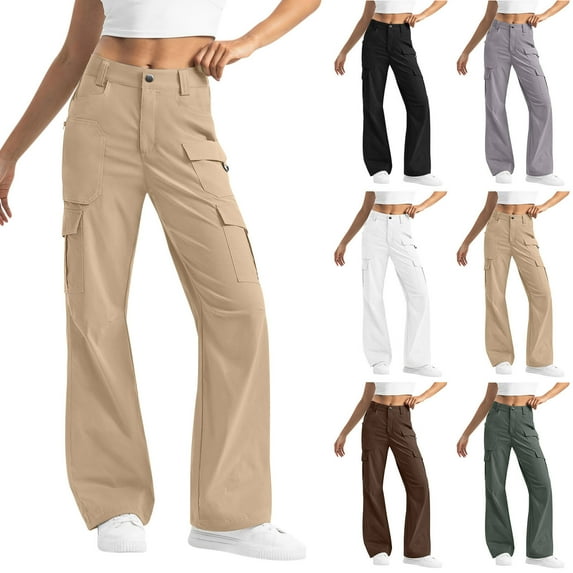 Feancey Cargo Pants for Women Straight Leg Mid Rise Work Pant Multi Pocket Trendy Hiking Pants Solid Color Casual Carpenter Trousers Khaki XL