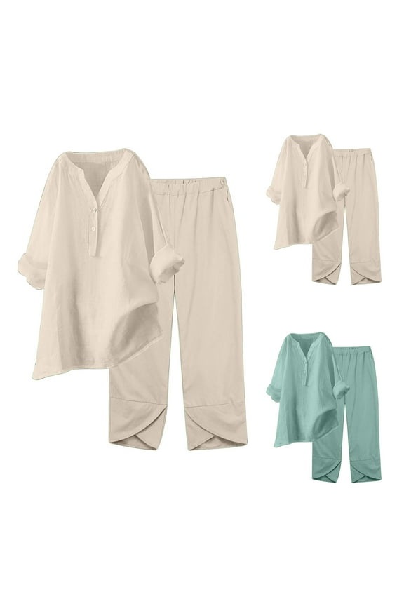 Casual 2 Piece Outfits for Women Button Down Long Sleeve Linen Shirts and Capris Two Piece Sets Summer Beach Vacation Lounge Set Mint Green S
