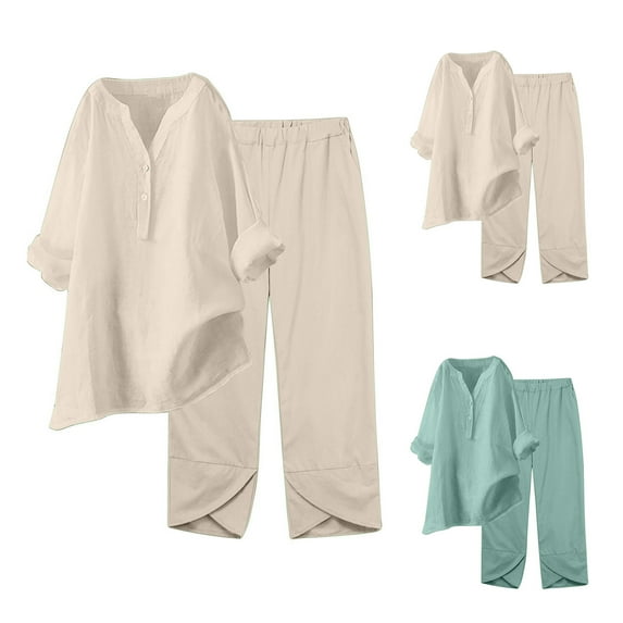 Feancey Casual 2 Piece Outfits for Women Button Down Long Sleeve Linen Shirts and Capris Two Piece Sets Summer Beach Vacation Lounge Set Mint Green S