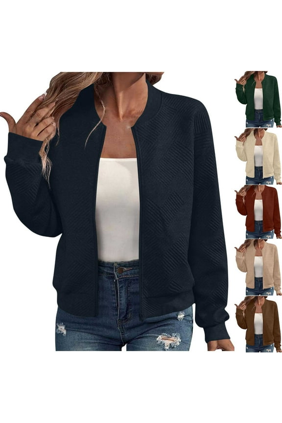 Casual Bomber Jacket Women Textured Long Sleeve Zip up Jackets Lightweight Fashion Varsity Jacket Fall Thin Outerwear for Office Work Khaki M