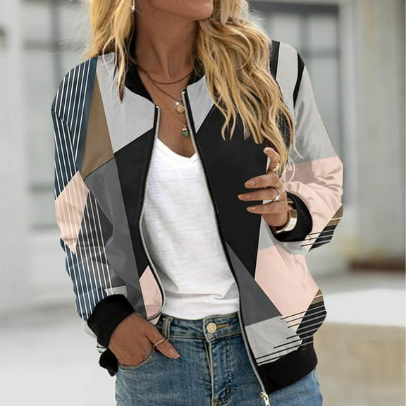 Feancey Casual Bomber Jackets for Women Color Block Trendy Flight Jackets Full Zip Long Sleeve Lightweight Outerwear Windbreaker Jacket Gray L