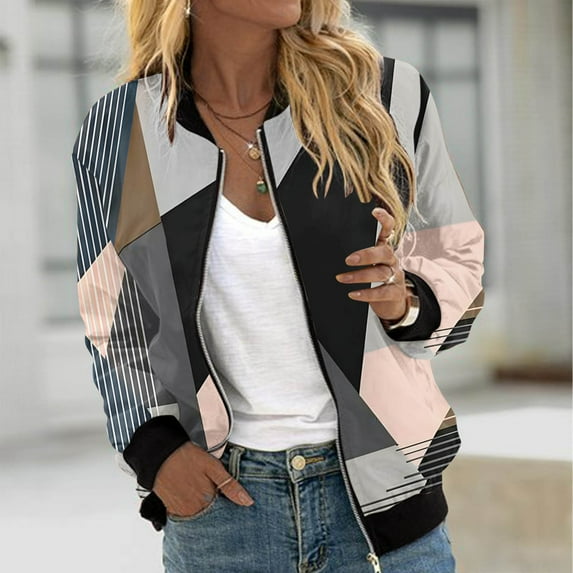 Feancey Casual Bomber Jackets for Women Color Block Trendy Flight Jackets Full Zip Long Sleeve Lightweight Outerwear Windbreaker Jacket Gray XL