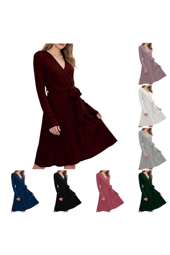 Casual Dresses for Women Long Sleeve V Neck Sweater Dress Ribbed Knit Swing Midi Dresses Solid Color Teacher Church Dress with Belt Hot Pink XL