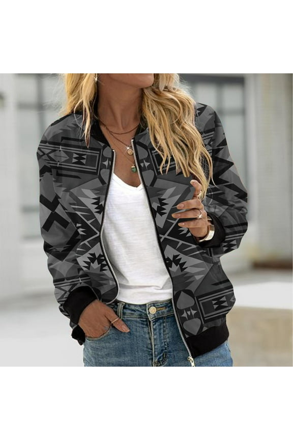 Casual Jackets for Women Ribbed Trim Long Sleeve Zipper Bomber Jacket Dressy Trendy Print Baseball Jackets Outdoor Windproof Thin Outerwear Dark Gray S