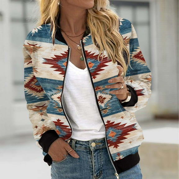 Feancey Casual Jackets for Women Ribbed Trim Long Sleeve Zipper Bomber Jacket Dressy Trendy Print Baseball Jackets Outdoor Windproof Thin Outerwear Multicolor S