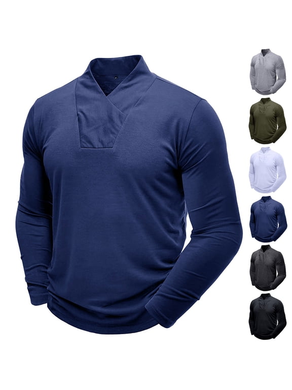 Casual Long Sleeve Shirts for Men Fashion Crossover V Neck Workout Shirt Slim Fit Lightweight Muscle Tees Solid Color Thermal Tops Dark Blue XL